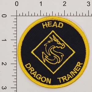 May include: Round black patch with yellow embroidered border and text. The patch features the words "HEAD DRAGON TRAINER" in yellow. A yellow dragon design is in the center, inside a yellow diamond.