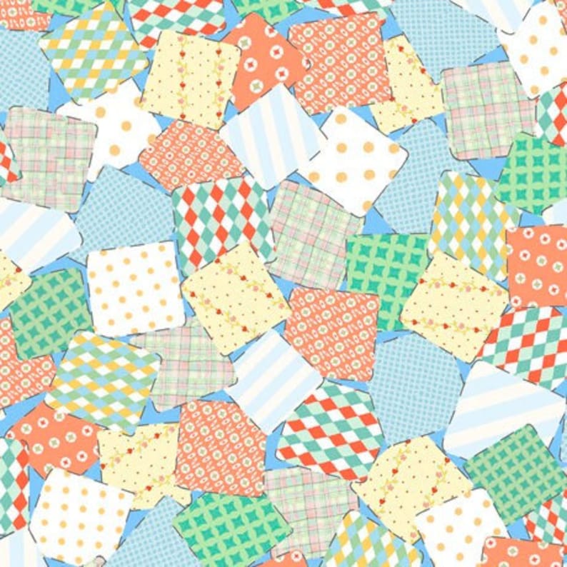 May include: A patchwork quilt pattern with various colors and designs, including green, blue, yellow, red, and white. The pattern is made up of squares and rectangles.