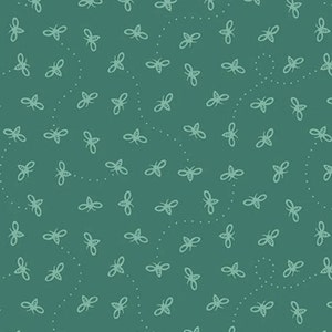 May include: A teal green background with a repeating pattern of white bees. The bees are stylized and have a simple design.