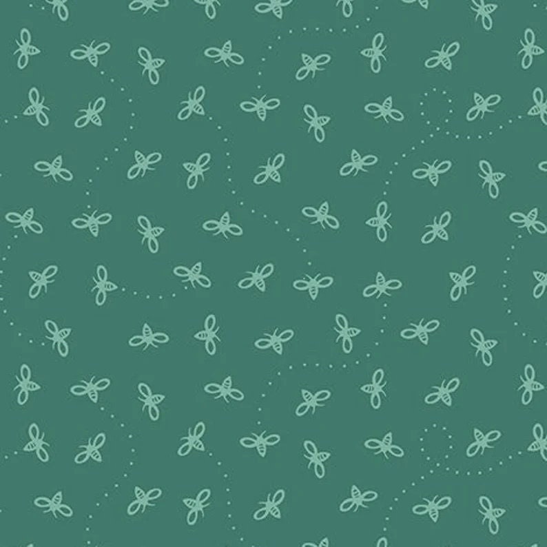 May include: A teal green background with a repeating pattern of white bees. The bees are stylized and have a simple design.
