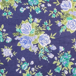 Blue Rose Quilting Cotton, Vintage Rose Print Fabric, Large Rose Floral, Vintage Blue and Purple Rose, Vintage Flower Fabric, Cottagecore
