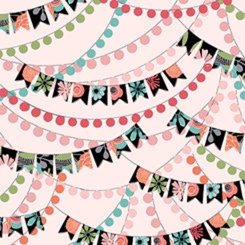 May include: A seamless pattern featuring colorful bunting flags and strings of pink, green, and blue polka dots on a light pink background.
