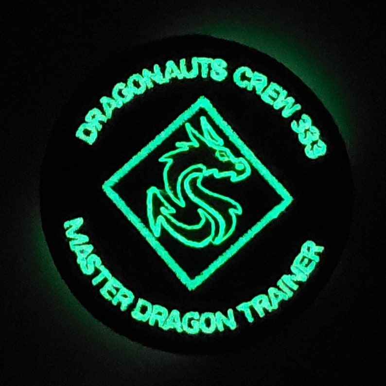 Peut inclure: Un &eacute;cusson noir et vert qui brille dans le noir avec le texte "Dragonaunts Crew 333 Master Dragon Trainer" en cercle autour d'un dragon vert &agrave; l'int&eacute;rieur d'un losange.