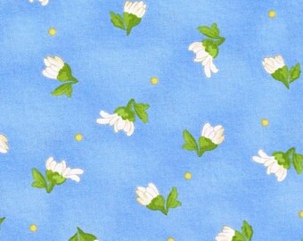Fresh As A Daisy, Tossed Buds Blue, Rachel Shelburne, Maywood Studio, Daisy Quilting Cotton, Flowers and Polka Dots, White Flower Fabric