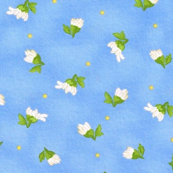 Fresh As A Daisy, Tossed Buds Blue, Rachel Shelburne, Maywood Studio, Daisy Quilting Cotton, Flowers and Polka Dots, White Flower Fabric