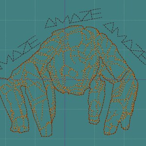 May include: An abstract design featuring a giraffe outline in orange stitching on a teal background. The word "AMAZE" is stitched in a dashed font above the giraffe. The design is on a grid.
