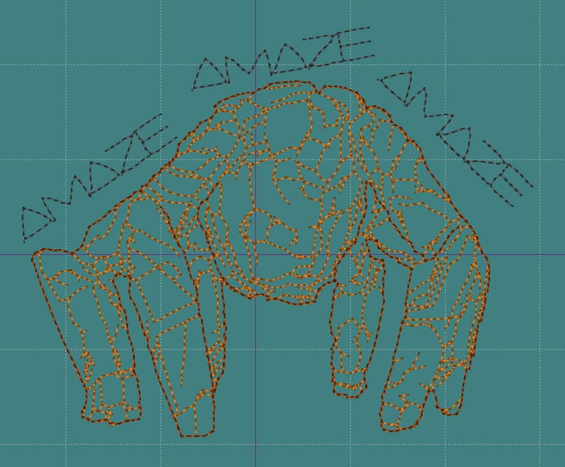 May include: An abstract design featuring a giraffe outline in orange stitching on a teal background. The word "AMAZE" is stitched in a dashed font above the giraffe. The design is on a grid.