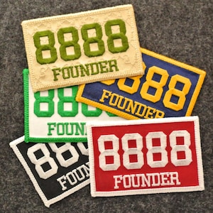 May include: A collection of embroidered patches in various colors, including beige, green, blue, white, black, and red. Each patch features the number "8888" and the word "FOUNDER" in a contrasting color.