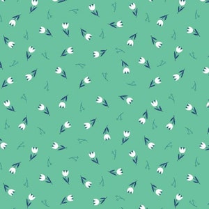 Pode incluir: Um padr&atilde;o sem costura com tulipas brancas com caules e folhas azul escuro sobre um fundo verde claro.
