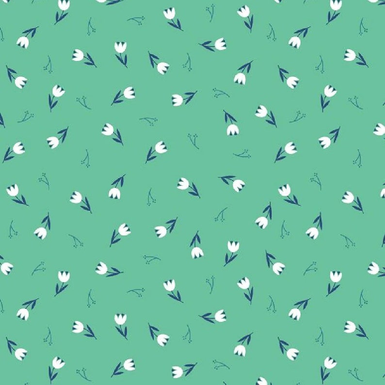 Pode incluir: Um padr&atilde;o sem costura com tulipas brancas com caules e folhas azul escuro sobre um fundo verde claro.