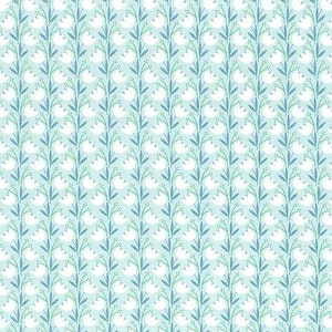 Pode incluir: Um padr&atilde;o sem costura com flores estilizadas brancas com caules verdes e folhas azuis sobre um fundo azul claro.