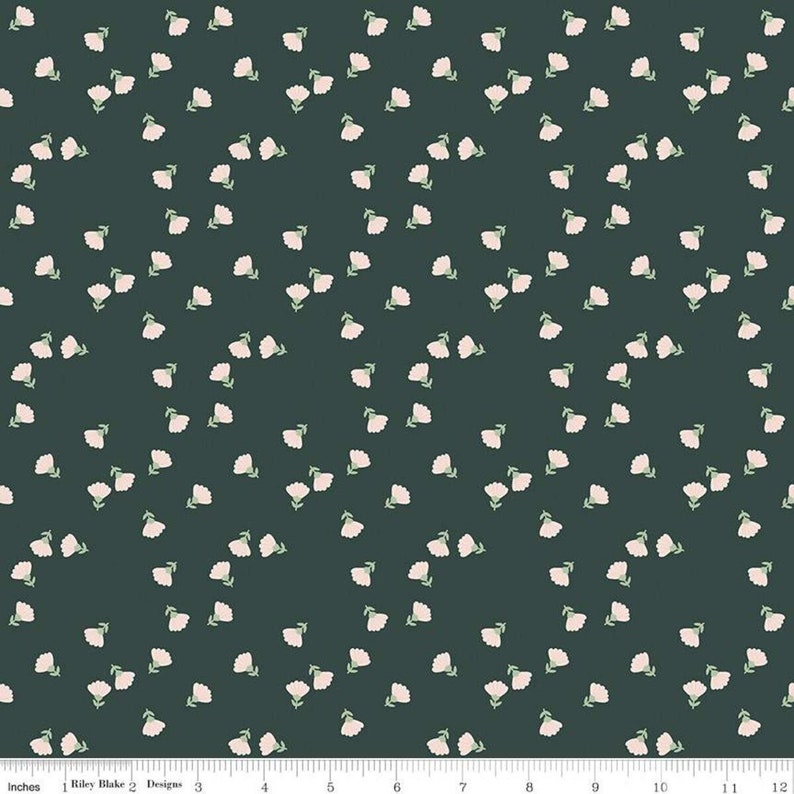 May include: A dark green fabric with a repeating pattern of small, light pink flowers with green stems. The fabric is a cotton blend and is suitable for quilting, crafts, and apparel.