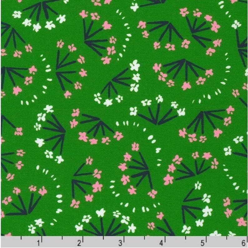 May include: A green fabric with a repeating pattern of white and pink stylized flowers with dark blue stems.