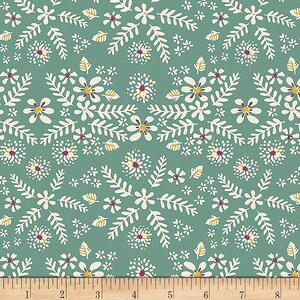 May include: A teal fabric with a white floral pattern. The pattern includes small flowers, larger flowers, and leaves.