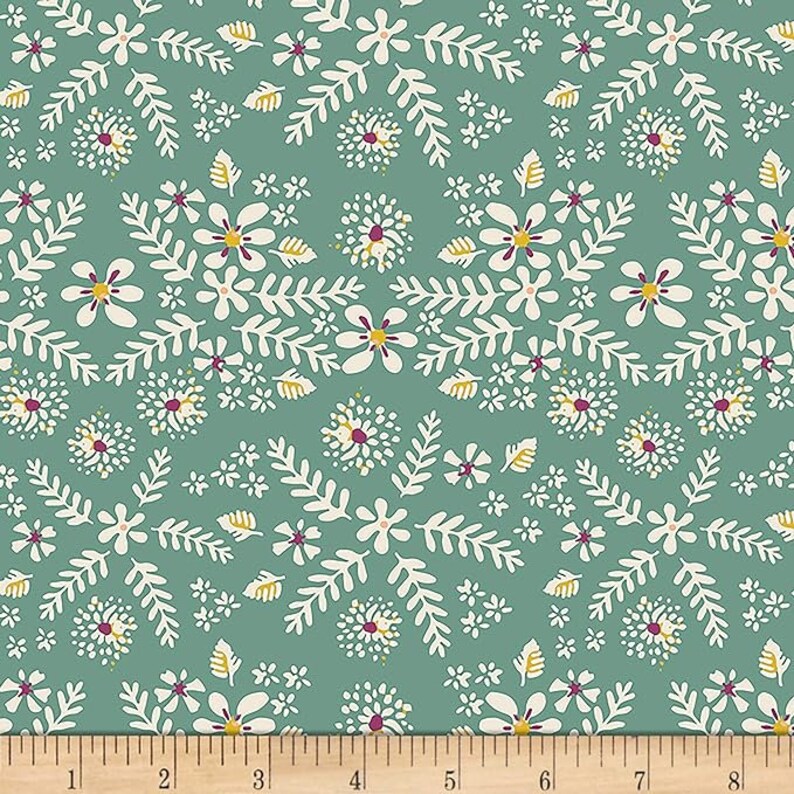 May include: A teal fabric with a white floral pattern. The pattern includes small flowers, larger flowers, and leaves.