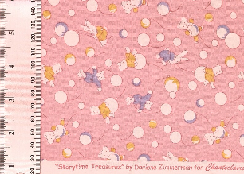May include: Pink fabric with a repeating pattern of white bears holding balloons and yellow and blue circles. The text "Storytime Treasures" by Dariene Ziminerman for Chanteclaire is at the bottom of the fabric.
