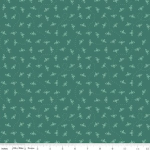 May include: Teal fabric with a repeating pattern of white bees. The bees are outlined in white and have a simple design.