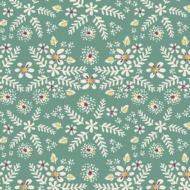 May include: A seamless pattern featuring white flowers, leaves, and small yellow and burgundy dots on a teal background.