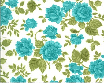 Pocketful of Posies, Chloe's Closet, Porcelain Sky, Gathered Roses, Moda Fabrics, Aqua Rose Cotton, Turquoise Rose Fabric, Large Rose Print