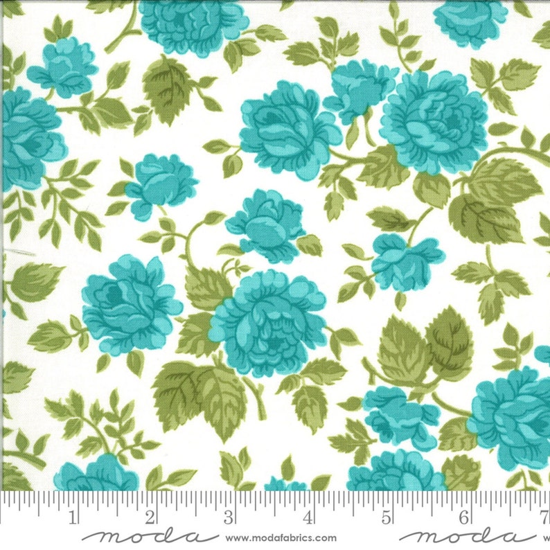 May include: White fabric with a repeating pattern of large teal roses and green leaves. The roses are in full bloom, and the leaves have a detailed, textured appearance. The fabric is suitable for quilting, sewing, or other craft projects.