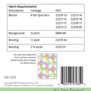 May include: Mariposa Quilt Pattern, a sewing pattern for a quilt with a finished size of 36 1/2 inches by 48 1/2 inches. The pattern includes a list of fabric requirements and their corresponding SKUs. The pattern also includes a small image of the finished quilt, which features a colorful patchwork design.