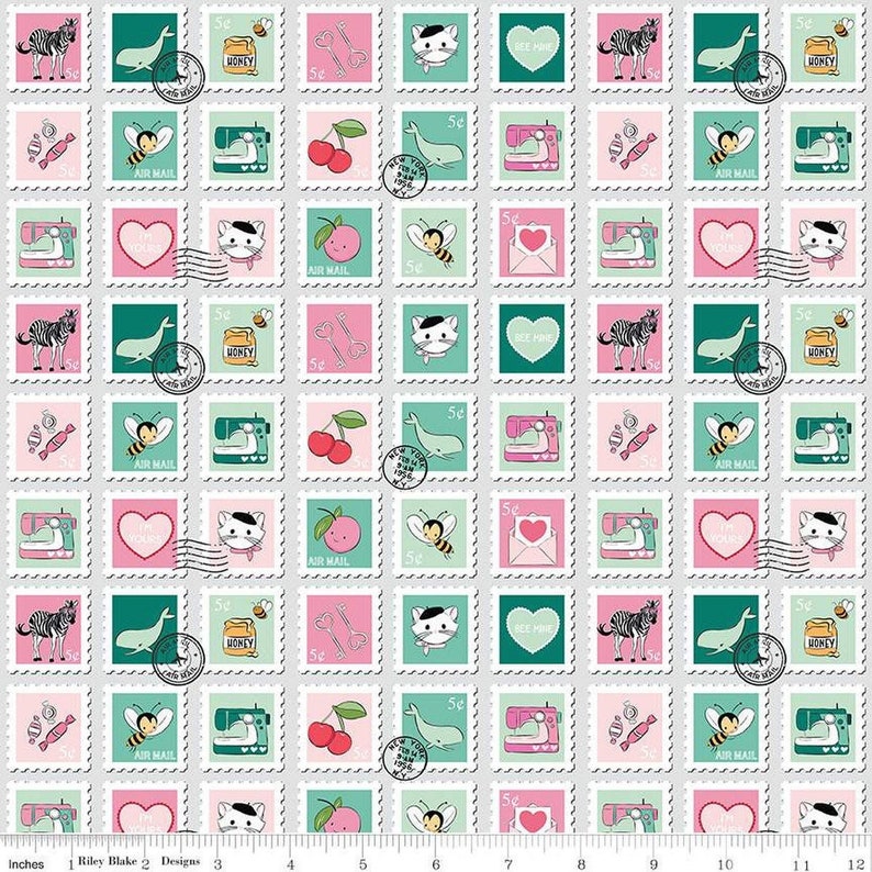 May include: A seamless pattern featuring a variety of colourful postage stamps with different designs, including a whale, a bee, a sewing machine, a heart, a cat, a zebra, cherries, and keys. The stamps are arranged in a grid pattern on a light grey background.