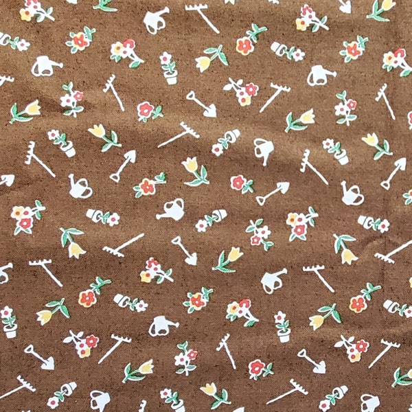 Adeline Cotton, Nancy Mahoney, P&B Textiles, Garden Tools Print, 1930s Reproduction Print Fabric, Watering Can Quilting Cotton, Brown Floral