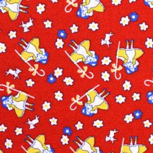 May include: Red fabric with a repeating pattern of white flowers, blue flowers, and a girl carrying a shepherd's crook and a yellow umbrella.