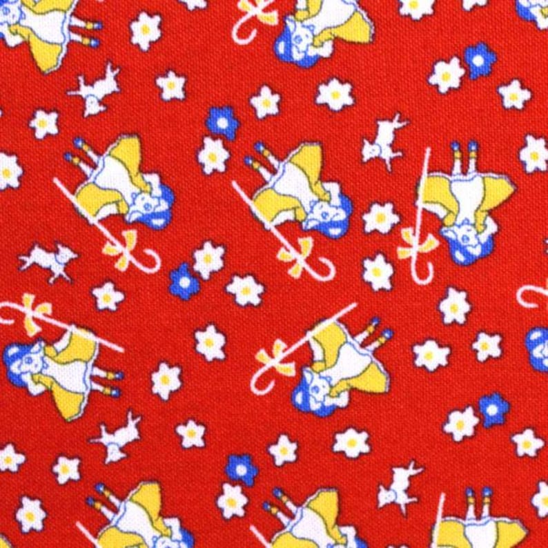 May include: Red fabric with a repeating pattern of white flowers, blue flowers, and a girl carrying a shepherd's crook and a yellow umbrella.