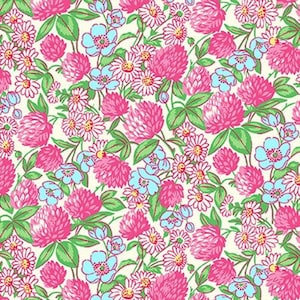 Clover and Daisies in Pink , Nana Mae V, Henry Glass, Pink and Blue Blender Cotton, Clover Print Fabric, Pink and Blue Floral bild 1