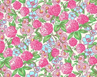 Clover and Daisies in Pink , Nana Mae V, Henry Glass, Pink and Blue Blender Cotton, Clover Print Fabric, Pink and Blue Floral