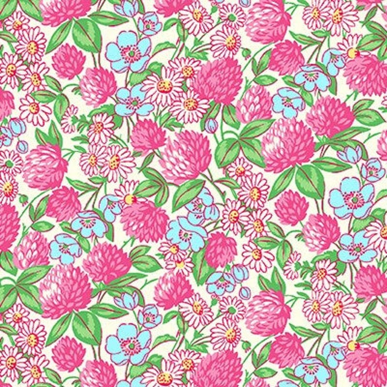 Clover and Daisies in Pink , Nana Mae V, Henry Glass, Pink and Blue Blender Cotton, Clover Print Fabric, Pink and Blue Floral bild 1