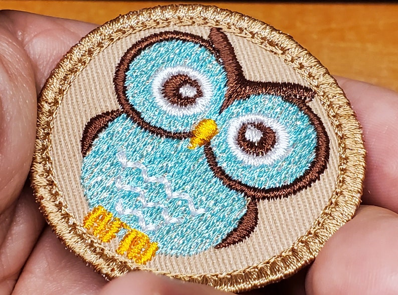 May include: Embroidered patch featuring a cartoon owl. The owl has a teal body, brown accents, and white eyes. The patch is round with a tan background and a gold border. The owl's beak is yellow.