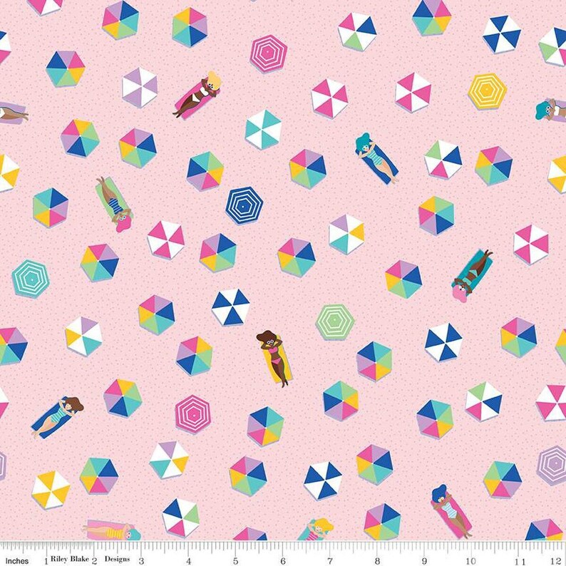 May include: A pink fabric with a repeating pattern of colorful umbrellas and women in swimsuits. The umbrellas are in various colors, including blue, green, yellow, and pink. The women are all wearing different colored swimsuits and have different hairstyles.