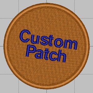 May include: A brown round patch with the text "Custom Patch" embroidered in blue.