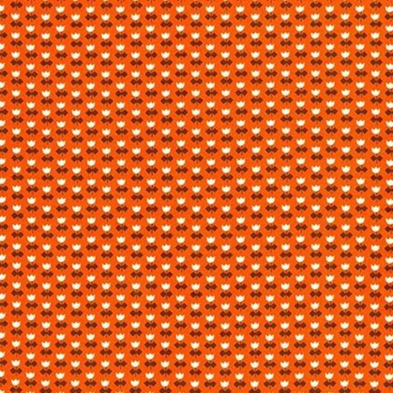 May include: A seamless pattern featuring a repeating design of white stylized flowers on an orange background.