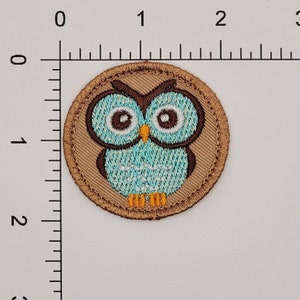 May include: Embroidered patch featuring a detailed owl design. The owl has a light blue body, brown eyes and wings, and orange feet. The patch is circular, with a tan border and a textured background.
