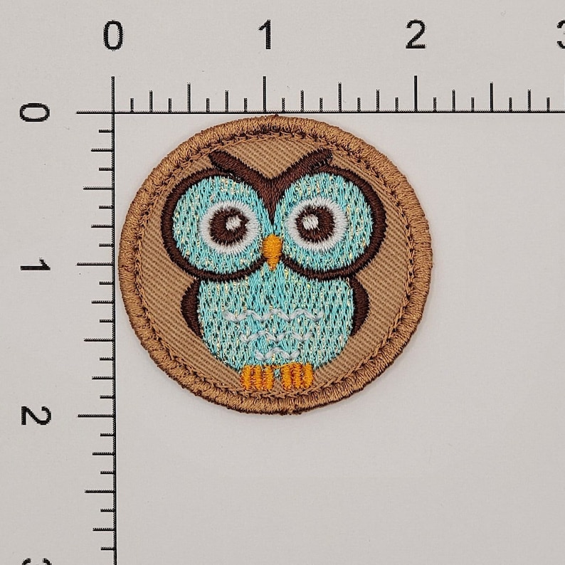May include: Embroidered patch featuring a detailed owl design. The owl has a light blue body, brown eyes and wings, and orange feet. The patch is circular, with a tan border and a textured background.