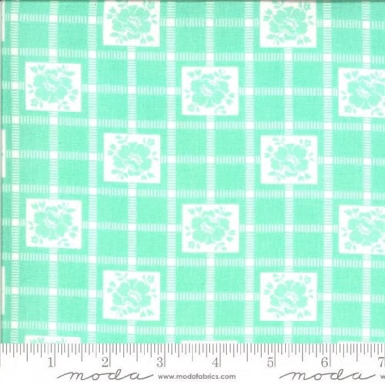 Shine On Fabric, Bonnie & Camille, Aqua Check Print, Shine On Check, 1950s Inspired, Green Floral Quilting Cotton image 1