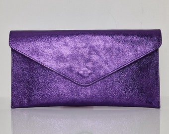 Genuine Leather Evening Envelope Metallic Purple Violet Clutch Crossbody Handbag Bridesmaid Gift Wristlet & Chain Strap