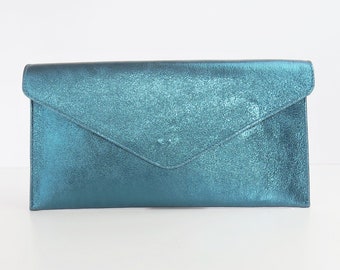 JustBagzz Genuine Leather Evening Clutch Bag Metallic Teal Blue Green Clutch Crossbody Handbag Bridesmaid Gift Wristlet & Chain Strap