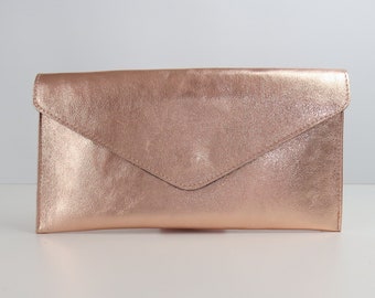 Cuero genuino Sobre de noche Oro rosa metalizado Clutch Crossbody Shoulder Handbag Bridesmaid Gift Elegante pulsera y correa de cadena