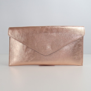 Genuine Leather Evening Envelope Metallic Rose Gold Clutch Crossbody Shoulder Handbag Bridesmaid Gift Elegant Wristlet and Chain Strap