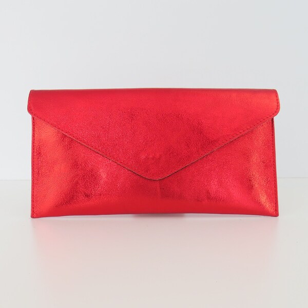 JustBagzz Original Genuine Leather Evening Clutch Bag Metallic Scarlet Red Clutch Crossbody Handbag Bridesmaid Gift Wristlet & Chain Strap