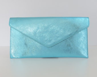 JustBagzz Original Genuine Leather Evening Envelope Metallic Sea Blue Clutch Bag Crossbody Handbag Bridesmaid Gift Wristlet & Chain Strap