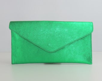 JustBagzz Original Genuine Leather Evening Clutch Bag Metallic Kelly Green Clutch Crossbody Handbag Bridesmaid Gift Wristlet & Chain Strap