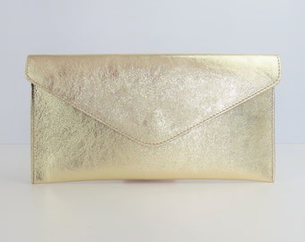 Genuine Leather Evening Envelope Metallic Gold Clutch Crossbody Shoulder Handbag Bridesmaid Gift Versatile  Elegant Wristlet and Chain Strap