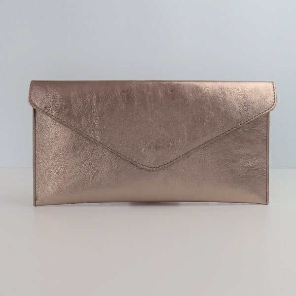 JustBagzz Originals Genuine Leather Evening Envelope Metallic Bronze Clutch Bag Crossbody Handbag Bridesmaid Gift Wristlet & Chain Strap