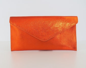 Vera pelle busta da sera arancione metallizzato clutch tracolla tracolla borsa a tracolla damigella d'onore regalo versatile elegante da polso e cinturino a catena