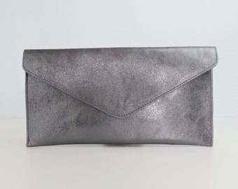 Genuine Leather Evening Envelope Metallic Gunmetal Dark Pewter Silver Clutch Crossbody Handbag Bridesmaid Gift Wristlet & Chain Strap